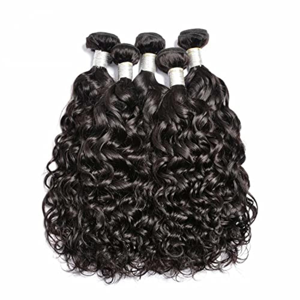 Risbaer Foruiya Water Wave 5Bundles(50g/bundle) with T Lace Closure Human  Hair Weave Bundles with Middle Part Closure Brazilian Wet and