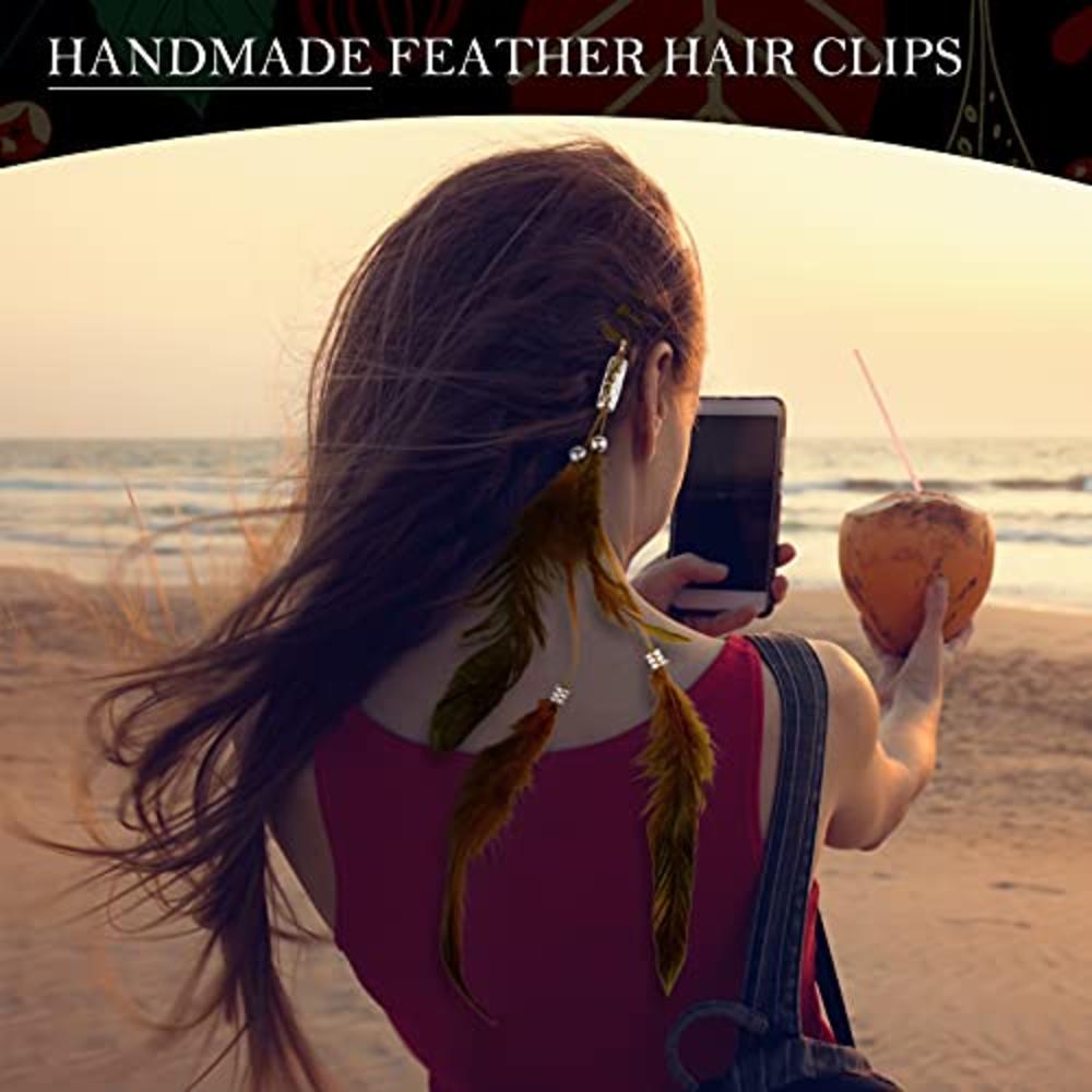 ICYANG Women Feather Hair Clips, Handmade Boho Hippie Hair Extensions with  Clip Comb DIY Accessories Hairpin