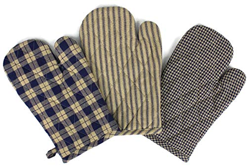 Rustic Covenant Woven Cotton Farmhouse Oven Mitts, Set of 3, 7 inches x 10.5 inches, Navy Blue/Natural Tan
