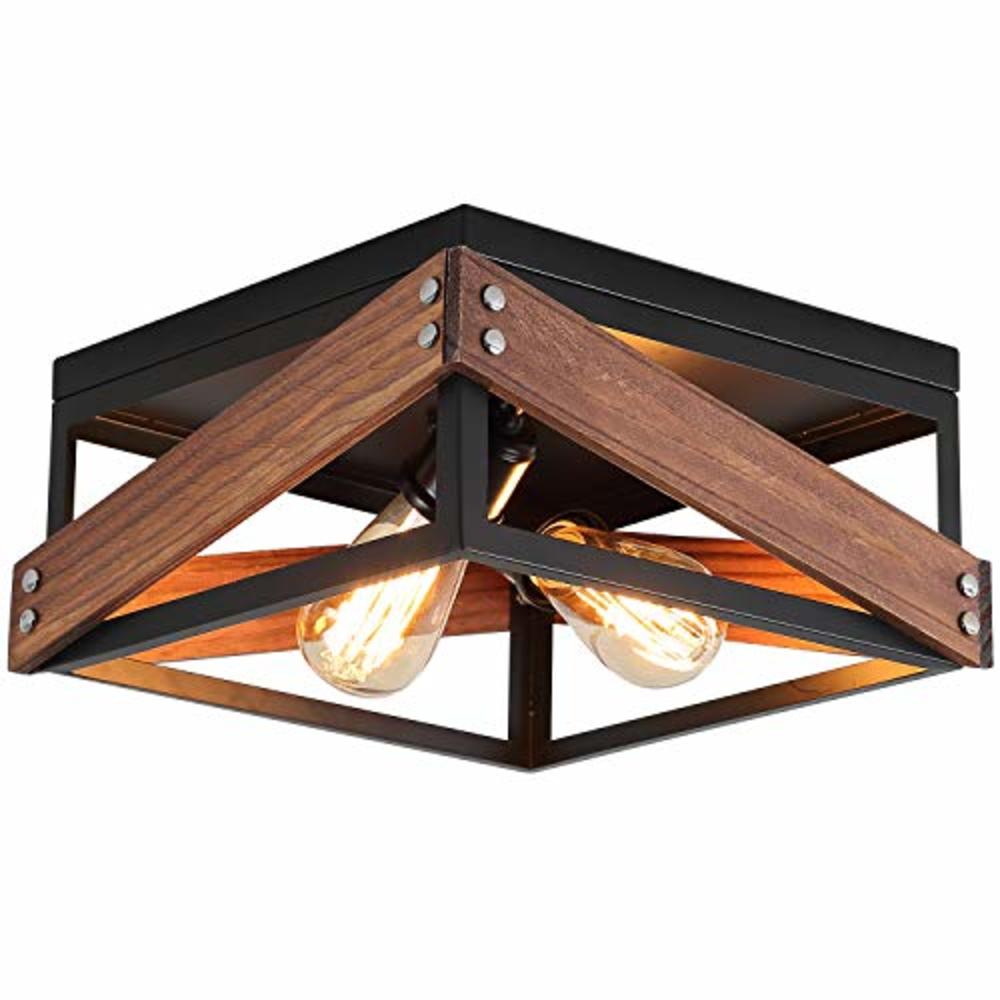 Fivess Lighting Rustic Industrial Flush Mount Light Fixture Two-Light Metal and Wood Square Flush Mount Ceiling Light for Hallway Living Room Be