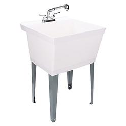 LDR Industries White Utility Sink Laundry Tub With Pull Out Chrome Faucet, Sprayer Spout, Heavy Duty Slop Sinks For Washing Room, Basement, Gar
