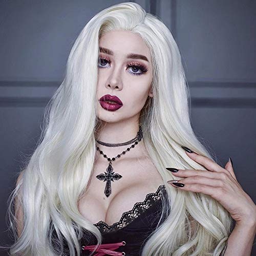 Morvally 24 Long Wavy 60# Platinum Blonde Glueless Lace Front Wig Free Part Natural Straight Heat Resistant Synthetic Hair Wigs