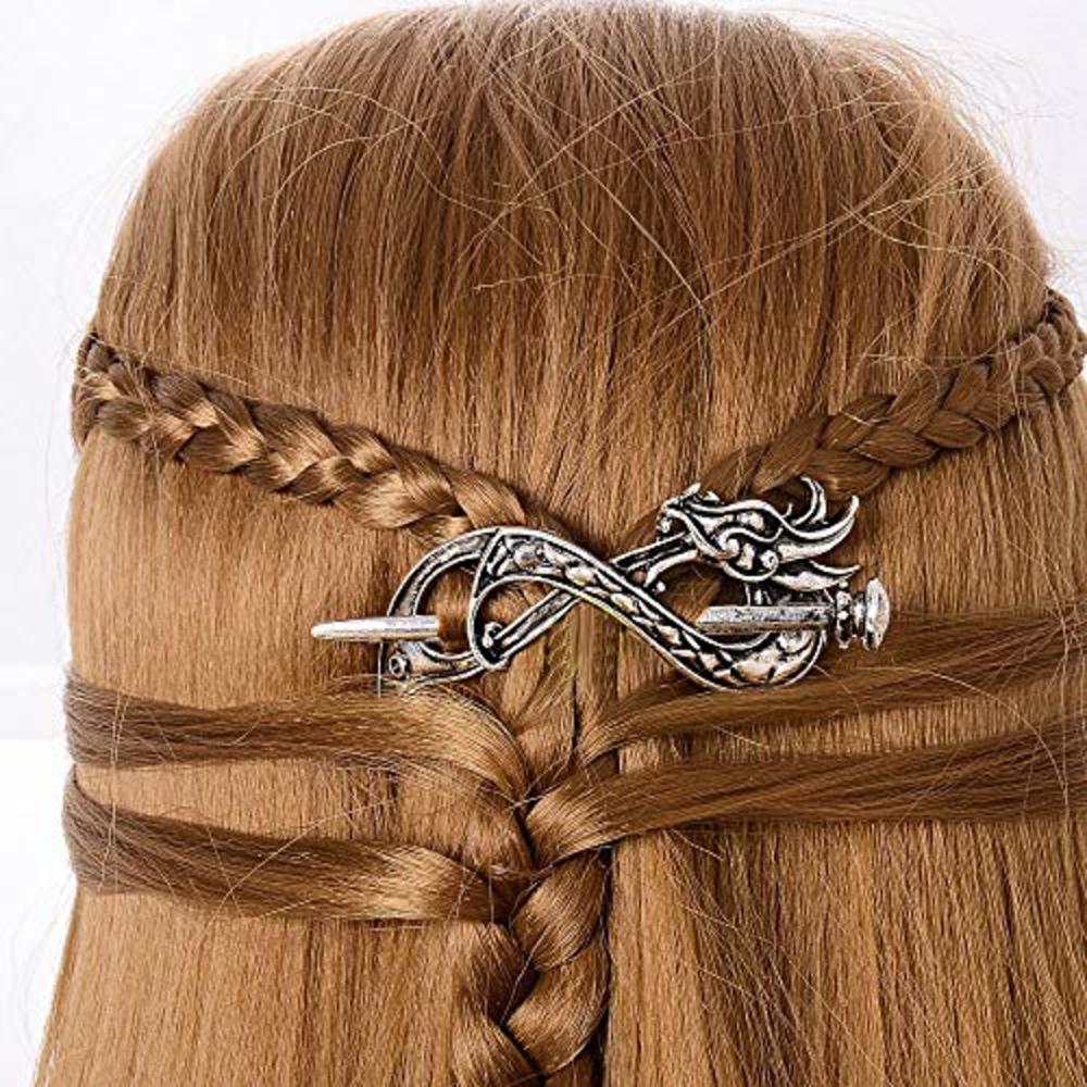 LQQQL Norse Celtic Wedding Hair Accessories-Viking Antique Silver Dragon  Hair Sticks Hairpin Viking Hair Slide