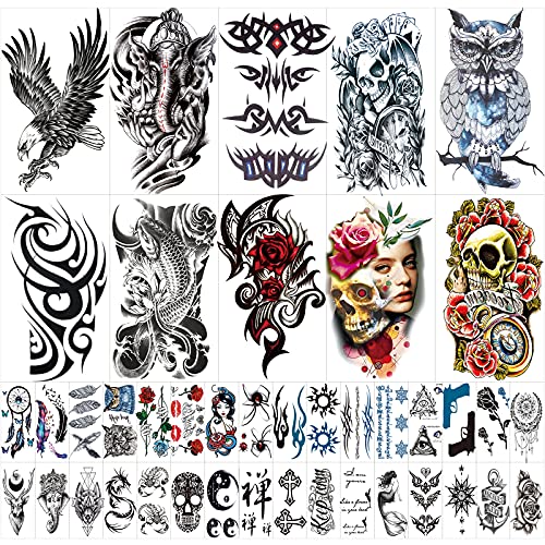Zomme 42 Sheets Temporary Tattoos Stickers (Include 10 Sheets Large Stickers), Fake Body Arm Chest Shoulder Tattoos for Men and Women