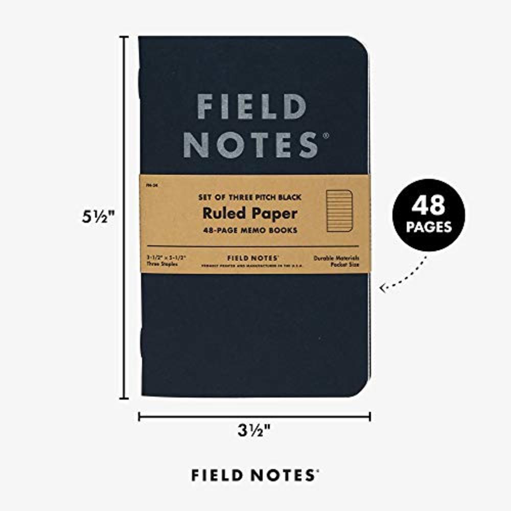 Field Notes 3-Pack Pitch Black Memo Books (3.5 X 5.5), Ruled, 48 Pages | Thin Pocket Sized EDC Notebook With 90 GSM Paper & Pape