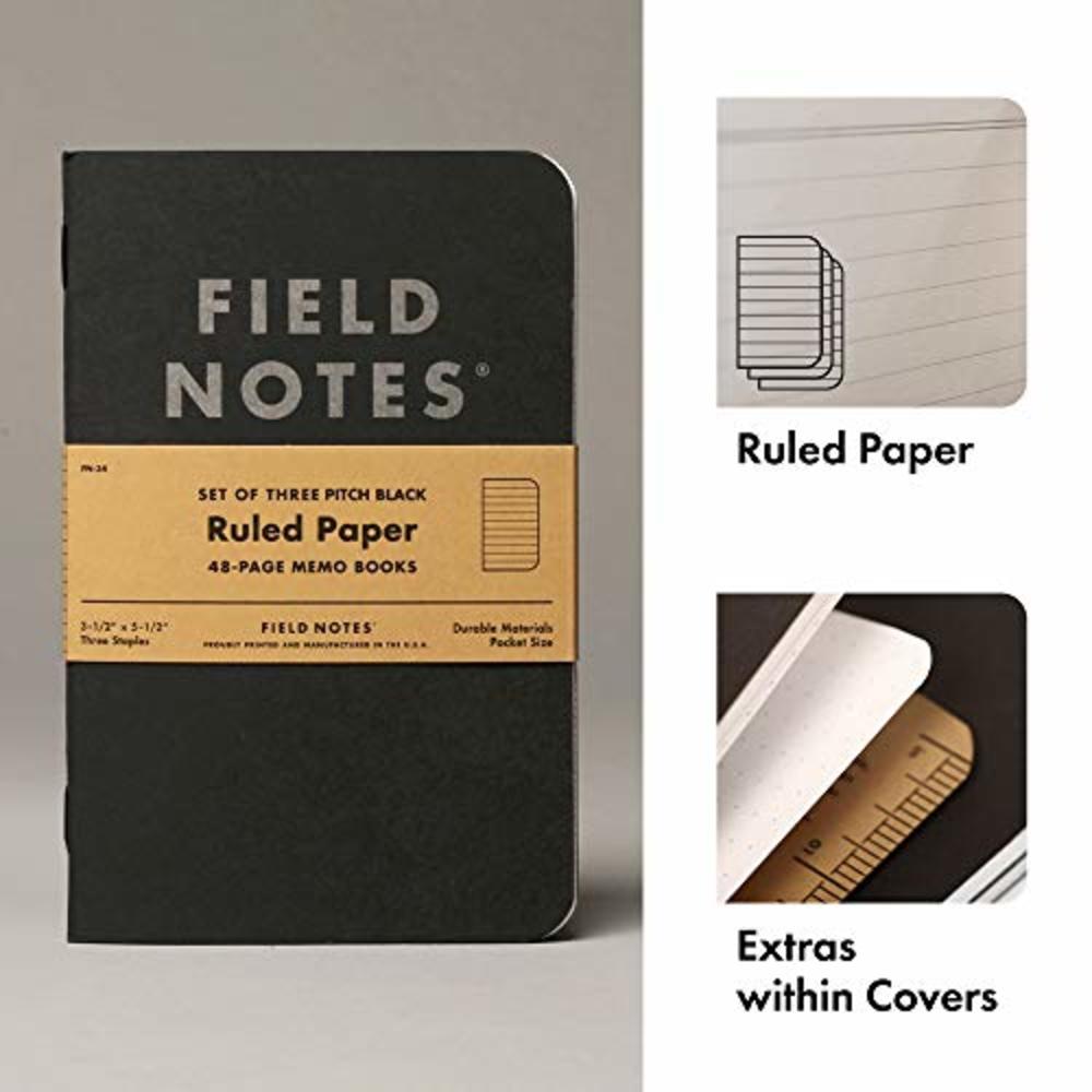 Field Notes 3-Pack Pitch Black Memo Books (3.5 X 5.5), Ruled, 48 Pages | Thin Pocket Sized EDC Notebook With 90 GSM Paper & Pape