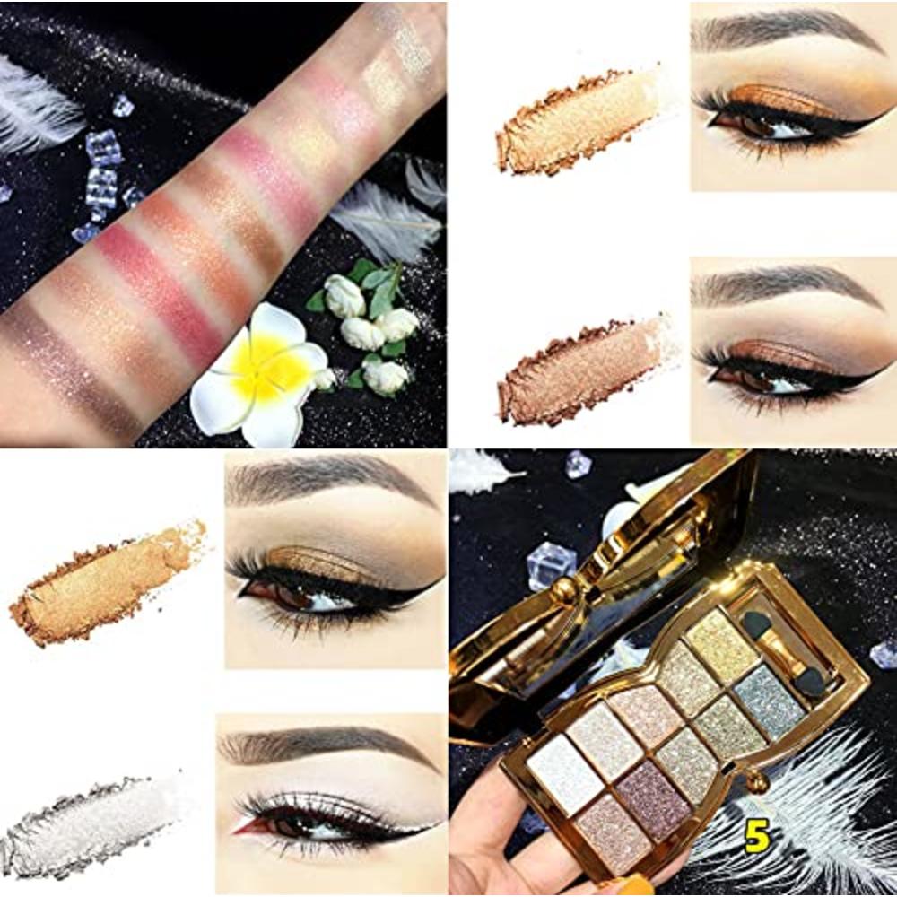 UIFCB Glitter Eyeshadow Palette,10 Colors Sparkle Shimmer Eye Shadow Highly Pigmented Long Lasting Makeup Set Gold (Type 5)