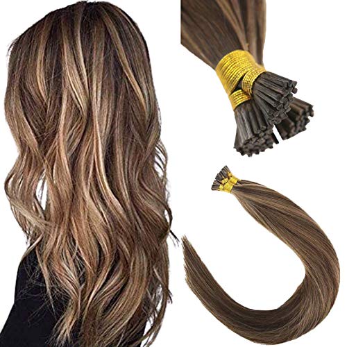 Sunny Hair Itip prebonded human hair extensions dark brown highlight  caramel blonde 24inch 50g