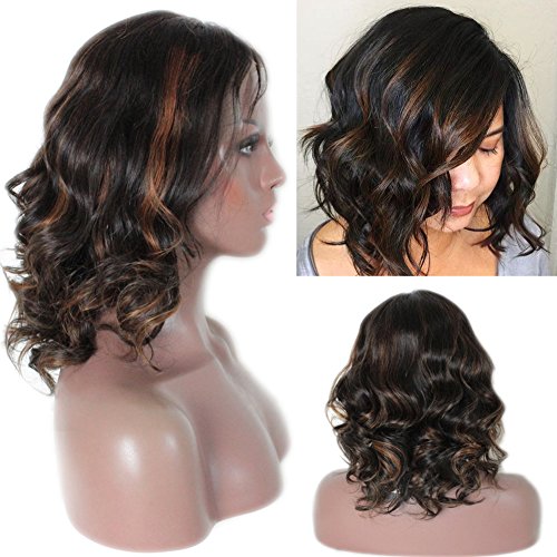 MTAI Ombre Short Human Hair Lace Front Wig with Baby Hair Brazilian Loose Wave Wig with Side Part #1b/30Highlight MTAI
