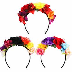 Willbond 3 Pieces Mexican Rose Flower Crowns Headband Day of The Dead Floral Headpiece for Halloween Festival Party