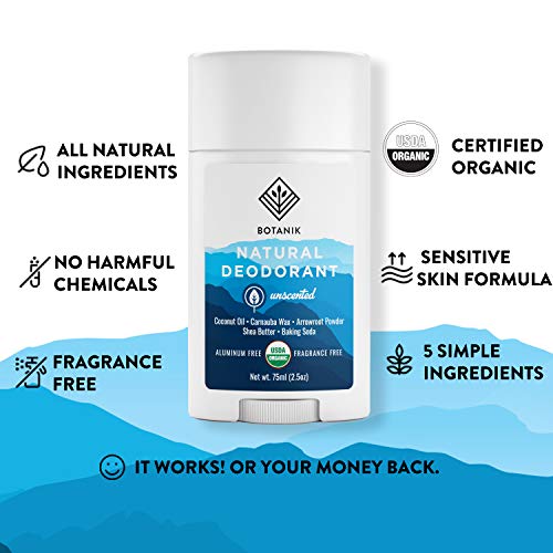 Botanik Natural Organic Deodorant for Sensitive Skin - Aluminum Free Deodorant for Men or Women - Vegan - Unscented - 2.5 oz Sti