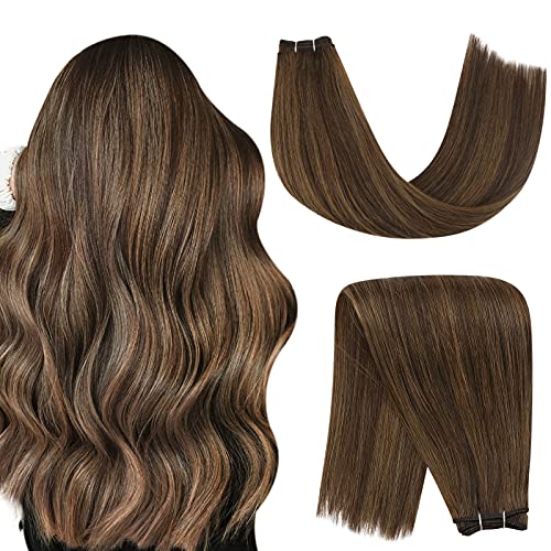 YoungSee Brown Hair Extensions Sew in Human Hair Dark Brown Highlight with  Light Brown Sew in Weft Hair Extensions Human Hair Re