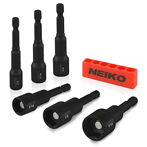 Neiko 10190A Impact Ready Magnetic Nut Driver Bit Set | 6 Piece | SAE | 1/4芒鈧?to 9/16芒鈧?| 2-9/16芒鈧?Length | Cr-V
