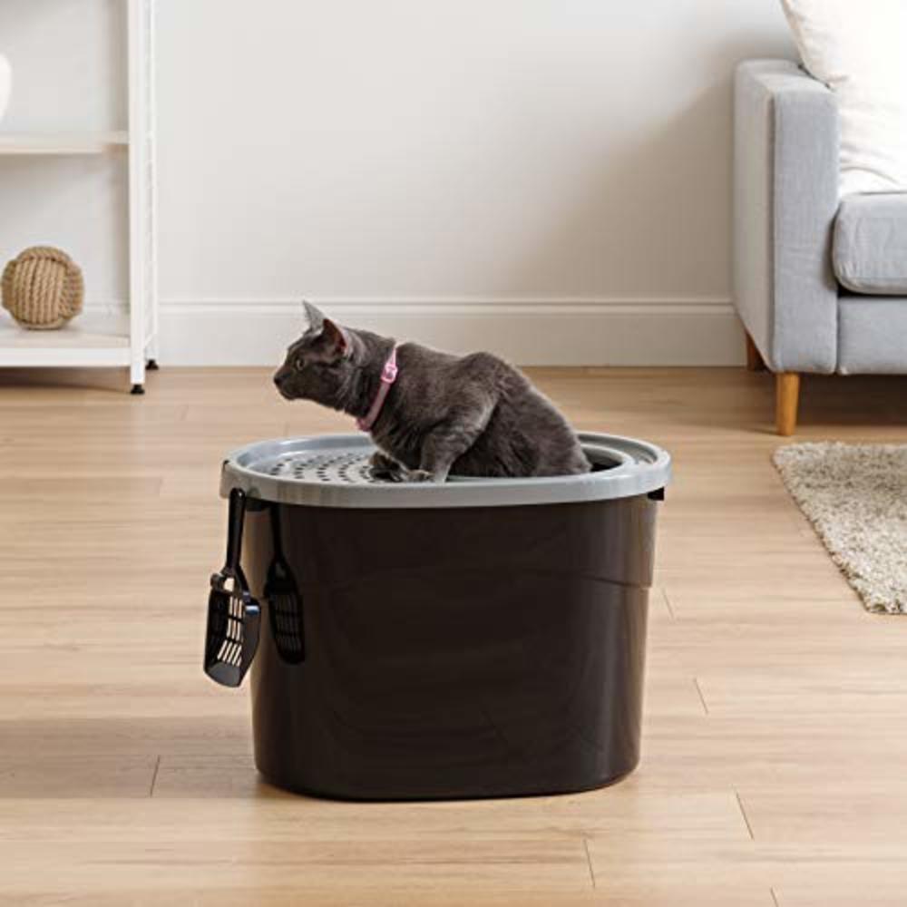 IRIS USA Top Entry Cat Litter Box With Scoop, Black/Gray, Large