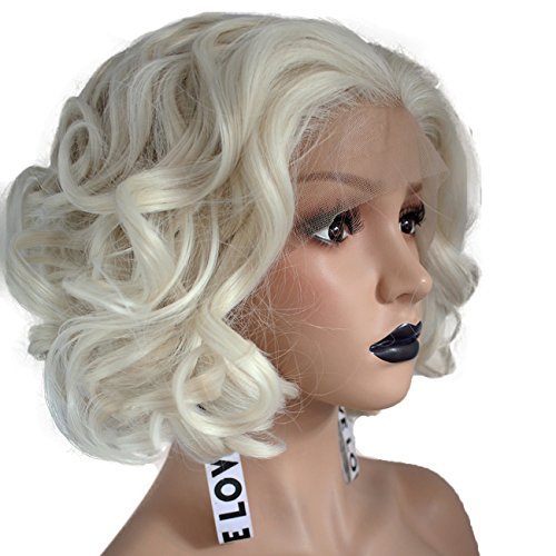 Anogol Hair Cap+Blonde Lace Front Wig Short Bob Curly Synthetic Hair Wigs  For White Women Layered Hairstyles Platinum Blonde Lac