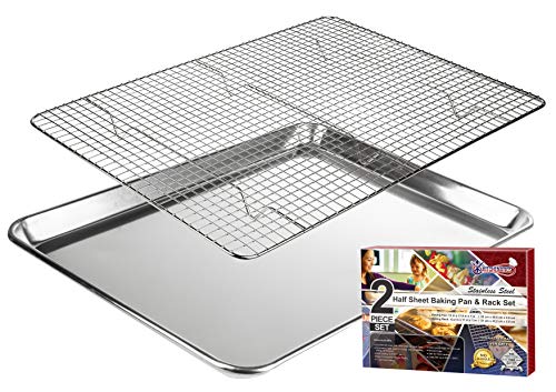 KITCHENATICS Half Sheet Pan & Cooling Rack - 1/2 Aluminum Oven Pan and Stainless Steel Rack Set - Baking Rack & Sheet Pans for C