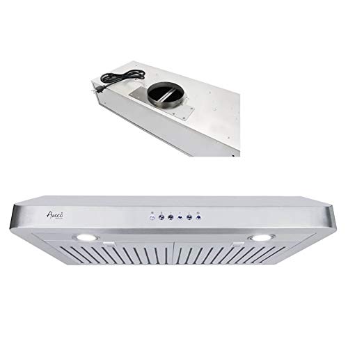 Awoco RH-C06-36 Classic 6" High 1mm Thick Stainless Steel Under Cabinet 4 Speeds 900CFM Range Hood with 2 LED Lights, 6" Round T