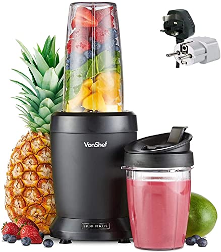 cat Release Highland VonShef 220 240 Volts Ultra Powerful 1000 WATTS Blender/Smoothie Maker  Large & Small CUPS Bundle With Dynastar Plug Adapters & M