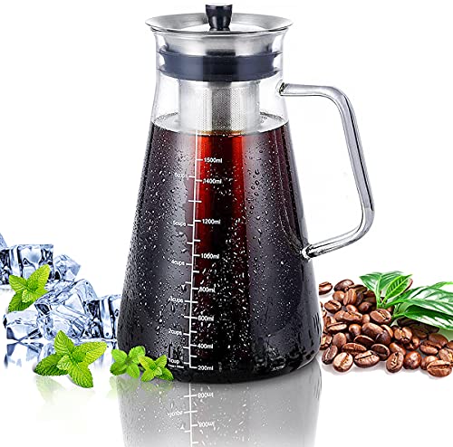 Aquach Cold Brew Coffee Maker 51oz (1.5L) with Hand-Blown Glass Pitcher,  Stainless Steel Filter Removable, for Iced Coffee & Col