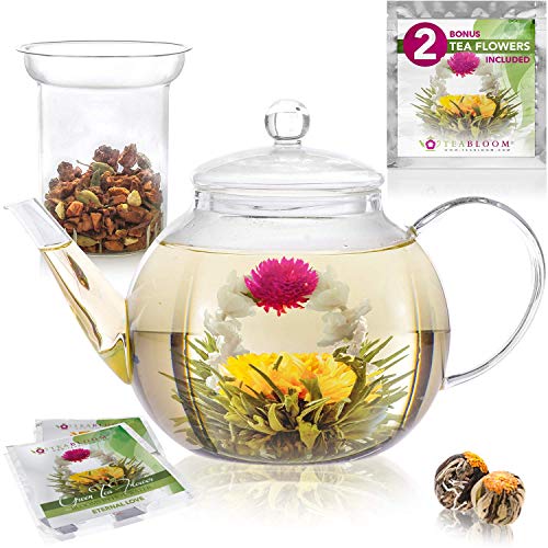 Teabloom Stovetop & Microwave Safe Glass Teapot (40 OZ / 1.2 L) with Removable Loose Tea Glass Infuser 鈥?Includes 2 Blooming Tea