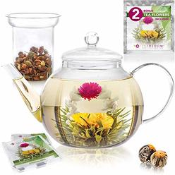 Teabloom Stovetop & Microwave Safe Glass Teapot (40 OZ / 1.2 L) with Removable Loose Tea Glass Infuser ??Includes 2 Blooming Tea