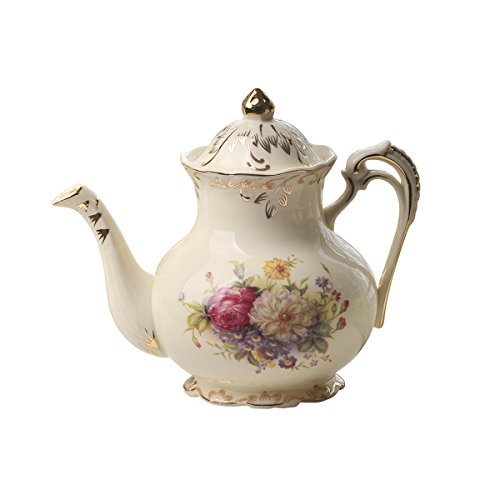 Yolife Flowering Shrubs Ceramic Tea Pot ,Floral Vintage Ivory Teapot,29oz