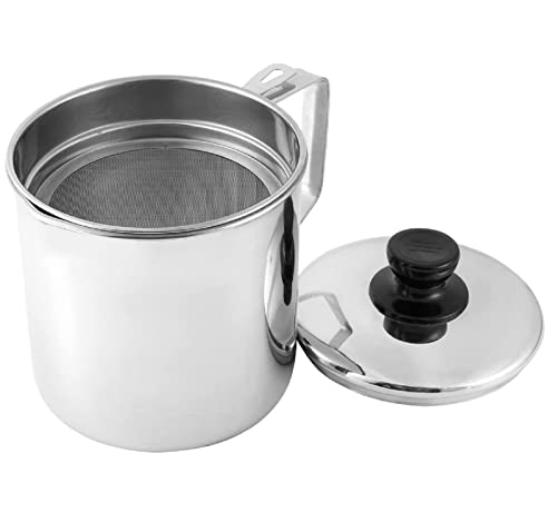 Tebery Stainless Steel Oil Strainer Pot with Lid, 1.9 Quart Oil Storage Can Container with Fine Mesh Strainer for Bacon Fat, Kit