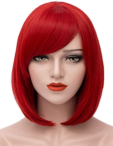 Mersi Red Wigs for Women 11 Short Bob Hair Wig with Oblique Bangs Natural  Cute Synthetic Straight Wigs for Daily Party Halloween