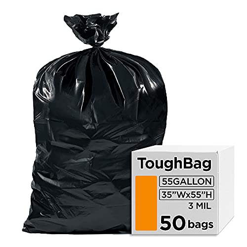 ToughBag 55 Gallon Trash Bags, 3 Mil Contractor Bags, Large 55-60 Gallon Trash Can Liners, Black Garbage Bags, 38 x 58" (50 COUN