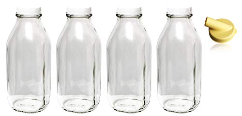The Dairy Shoppe Heavy Glass Milk Bottles 33.8 Oz (1 Ltr) Jugs with Extra Lids & NEW Pour Spout! (4, 33.8 oz)