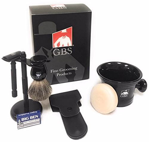 G.B.S Mens Shaving Kit- Black Matte Double Edge Butterfly Razor with Travel Case + Blades, Shaving Brush, Shaving Soap Mug with
