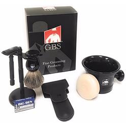 G.B.S Mens Shaving Kit- Black Matte Double Edge Butterfly Razor with Travel Case + Blades, Shaving Brush, Shaving Soap Mug with