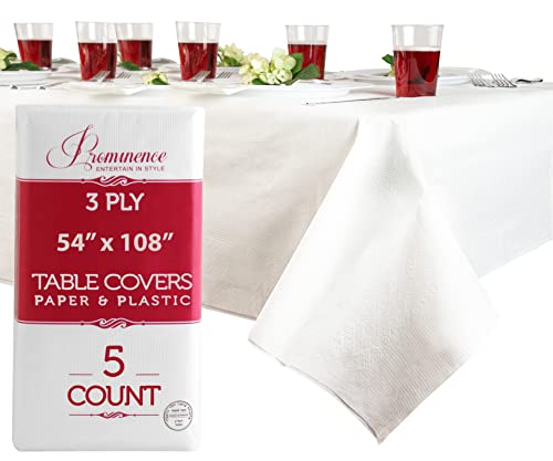 Party Bargains 5 Disposable Table Covers - 54" X 108", 3 Ply Premium Paper & Plastic White Table Cover