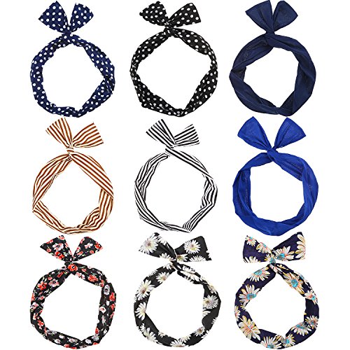 TOODOO 9 Pieces Wire Headbands for Women Girls, Hair Tie Twist Bow Wire Headbands Bowknots Satin Headband Rabbit Ear Wired Headb