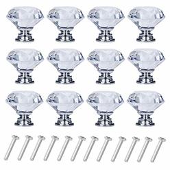 YourGift 12 Pack Drawer Knobs Diamond Shaped Crystal Glass 30mm Cabinet Knobs Pull Handles (Silver)