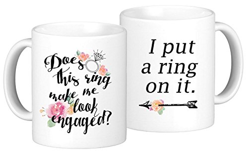 Oh, Susannah Engagement Coffee Mug Set "Does this ring make me look engaged?" and "I put a ring on it" 2 11oz Mugs In White Gift Boxes (SET) 