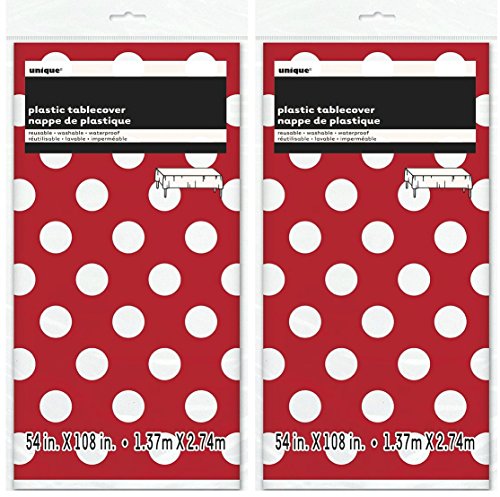 MSS 2 Pack Polka Dot Plastic Tablecloth, 108 x 54, Red with White dots