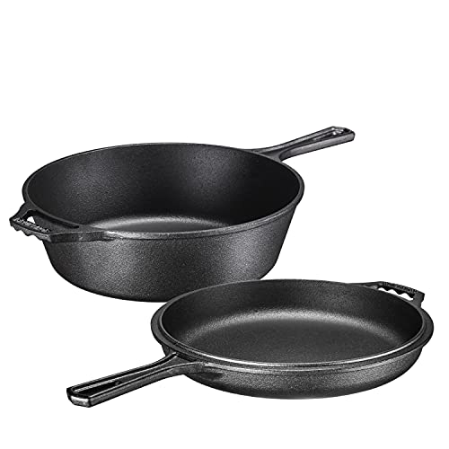 Bruntmor Pre-Seasoned 2-In-1 Cast Iron Multi-Cooker ?Heavy Duty Skillet and Lid Set, Versatile Non-Stick Kitchen Cookware, Use As Dutch O