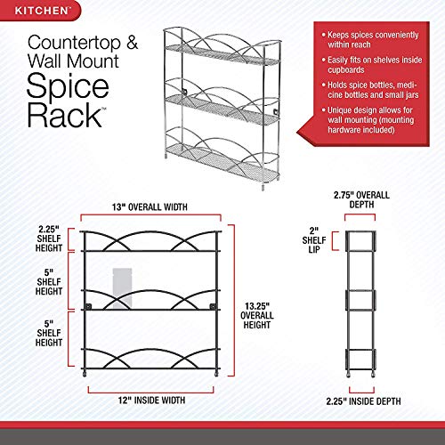Spectrum Diversified Countertop 3-Tier Rack Kitchen Cabinet Organizer or Optional Wall-Mounted Storage, 3 Spice Shelves, Raised 