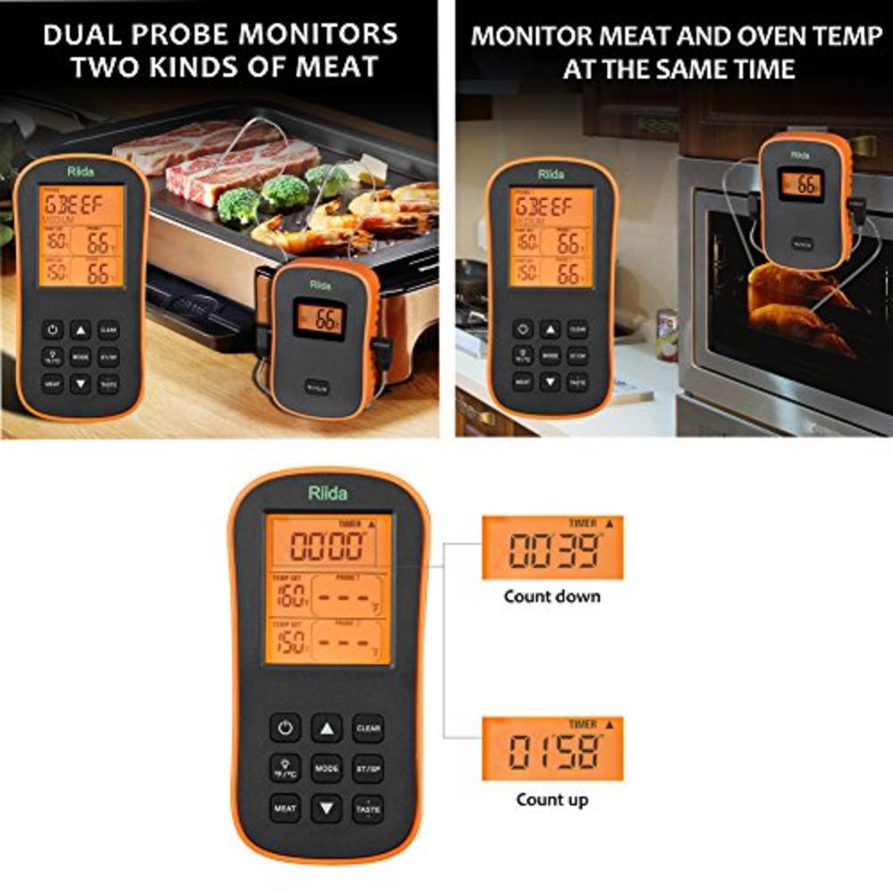 Riida TM08 Wireless Meat Thermometer, Remote Cooking Food Barbecue Digital Grill Thermometer with Dual Probes for Oven Smoker Gr