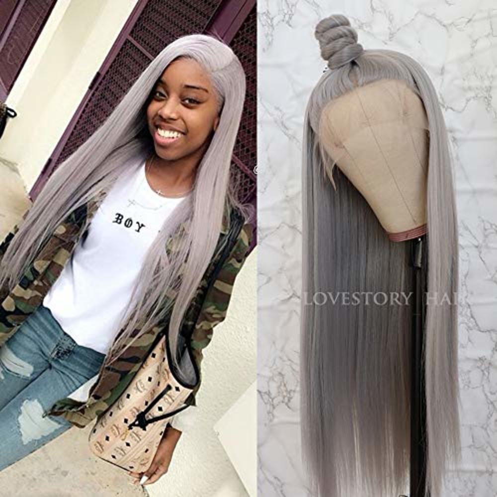 Lovestory Long Straight Synthetic Lace Front Wigs Heat Resistant Gray Wig Natural Hair Wig For Women 180 Density 22-24 inch