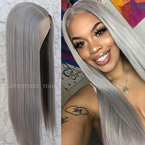 Lovestory Long Straight Synthetic Lace Front Wigs Heat Resistant Gray Wig Natural Hair Wig For Women 180 Density 22-24 inch