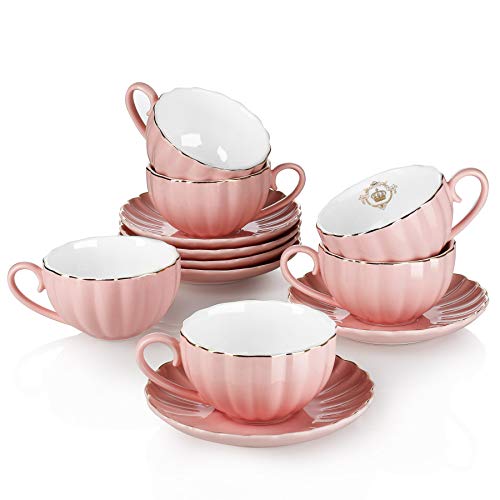 Amazingware Royal Tea Cups and Saucers, with Gold Trim and Gift Box, British Coffee Cups, Porcelain Tea Set, Set of 6 (8 oz)- Pink