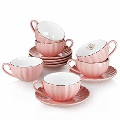 Amazingware Royal Tea Cups and Saucers, with Gold Trim and Gift Box, British Coffee Cups, Porcelain Tea Set, Set of 6 (8 oz)- Pi