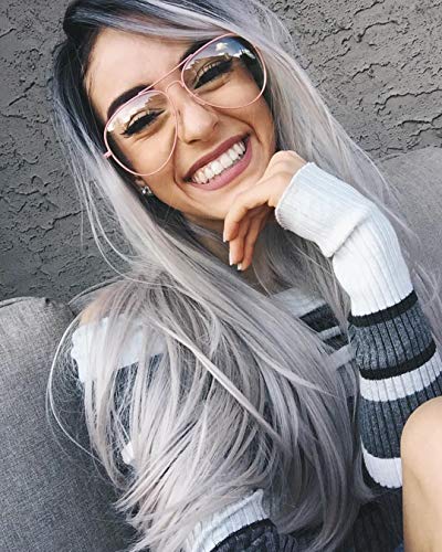 Sapphirewigs Lace Front Wigs for Women Synthetic Wavy Long Silver Gray Wigs  with Dark Roots Pre Plucked Natural Hairline Glueles