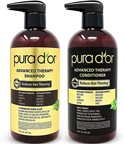 PURA DOR Advanced Therapy System Shampoo & Conditioner - Increases Volume, Strength and Shine, No Sulfates, Made with Argan Oil,
