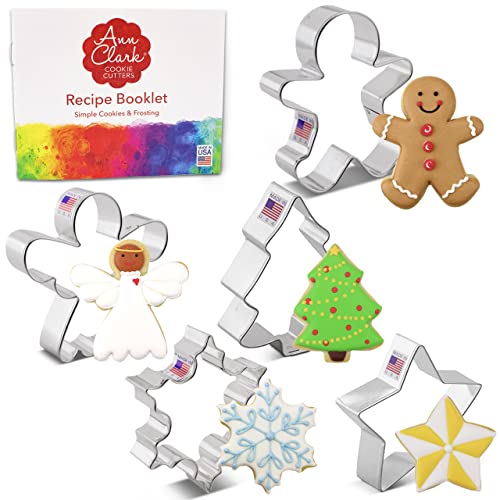 Ann Clark Cookie Cutters 5-Piece Christmas and Holiday Cookie Cutter Set with Recipe Booklet, Snowflake, Star, Christmas Tree, G