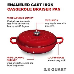 Enameled Cast Iron Casserole Braiser Pan 3.8 Quart, 12 Inches