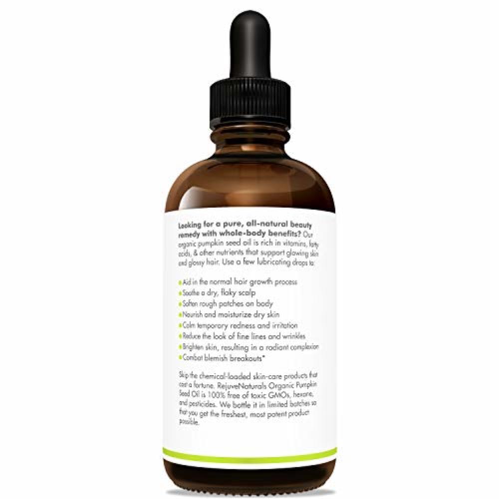 RejuveNaturals Organic Pumpkin Seed Oil (LARGE 4-OZ Bottle) USDA Certified Organic, 100% Pure, Cold Pressed. Boost Hair Growth for Eyelashes, E