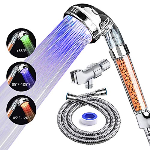 PRUGNA LED Shower Head with Hose and Shower Arm Bracket, High-Pressure Filter Handheld Shower for Repair Dry Skin and Hair Loss 